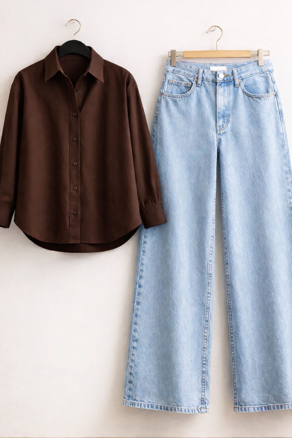 Brown Button Down Shirt & Ice-Blue Wide Leg Jeans