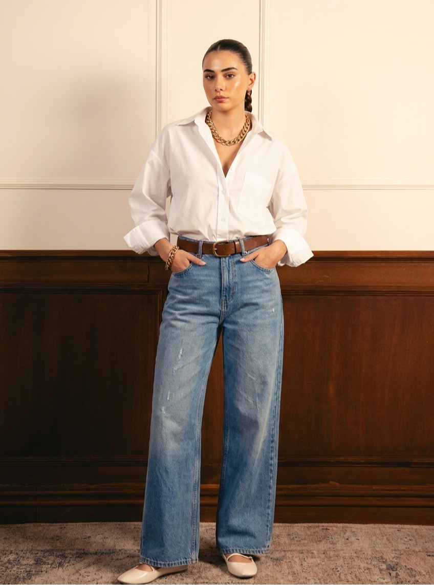 White Button Down Shirt With Dark-IceBlue Wide Leg Jeans