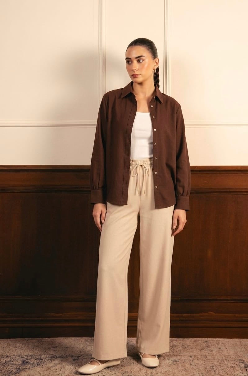 Brown Button Down Shirt With White Inner & Beige Flapper Trouser