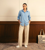 Sky Blue Button Down Shirt With Beige Flapper Trouser