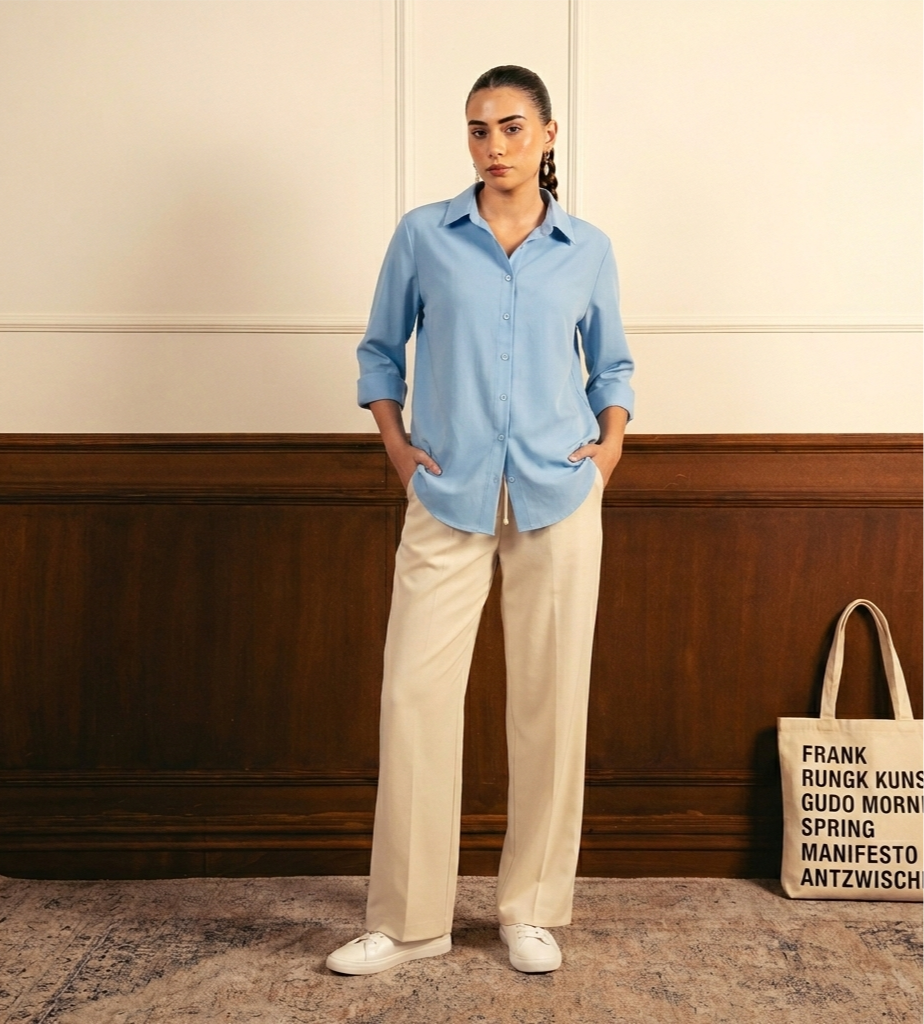 Sky Blue Button Down Shirt With Beige Flapper Trouser