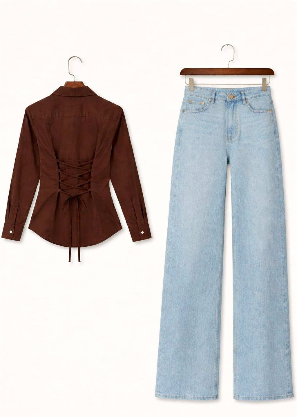 Brown Fitted Button Down & IceBlue Wide Leg Jeans