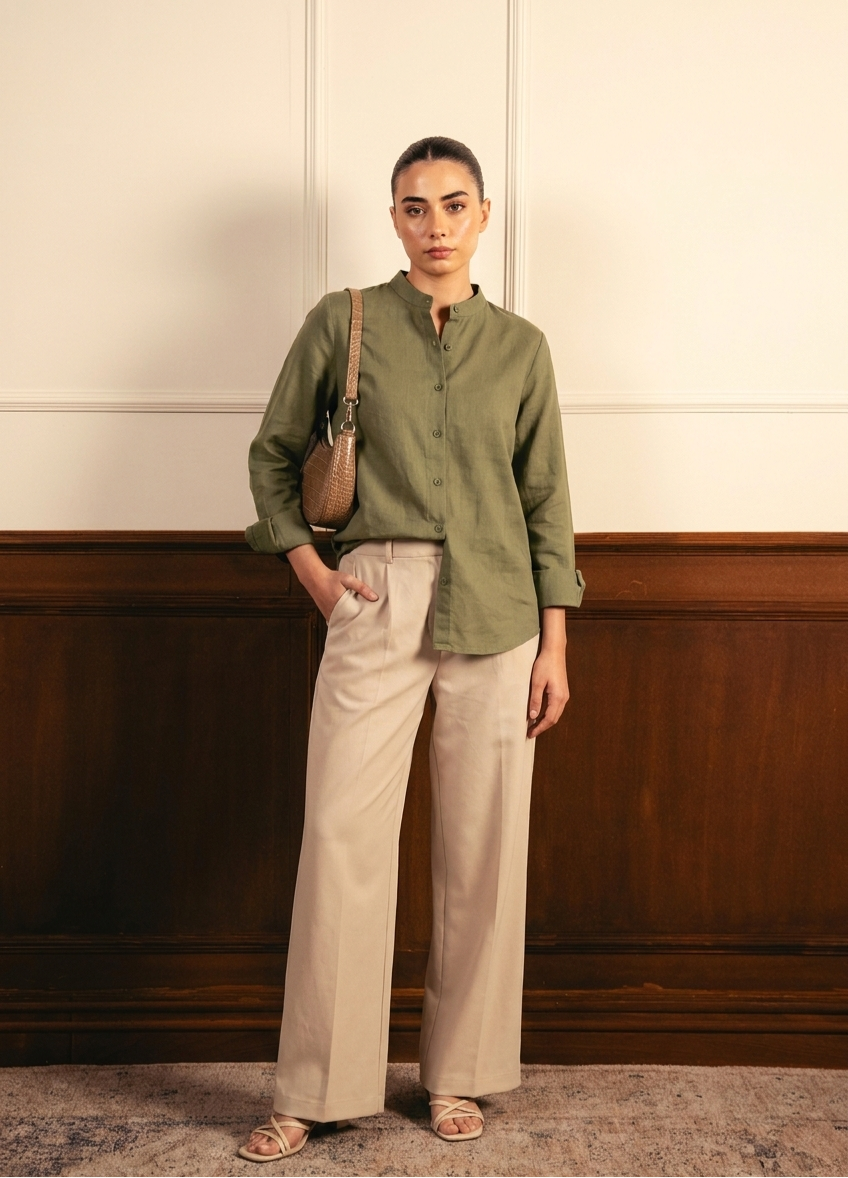 Olive Green Button Down Shirt With Beige Wide Leg Jeans
