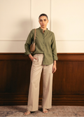 Olive Green Button Down Shirt With Beige Wide Leg Jeans