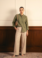 Olive Green Button Down Shirt With Beige Wide Leg Jeans