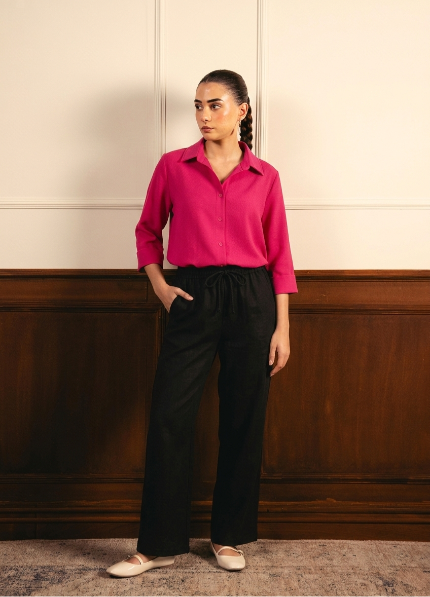 Hot Pink Button Down Shirt With Black Flapper Trouser