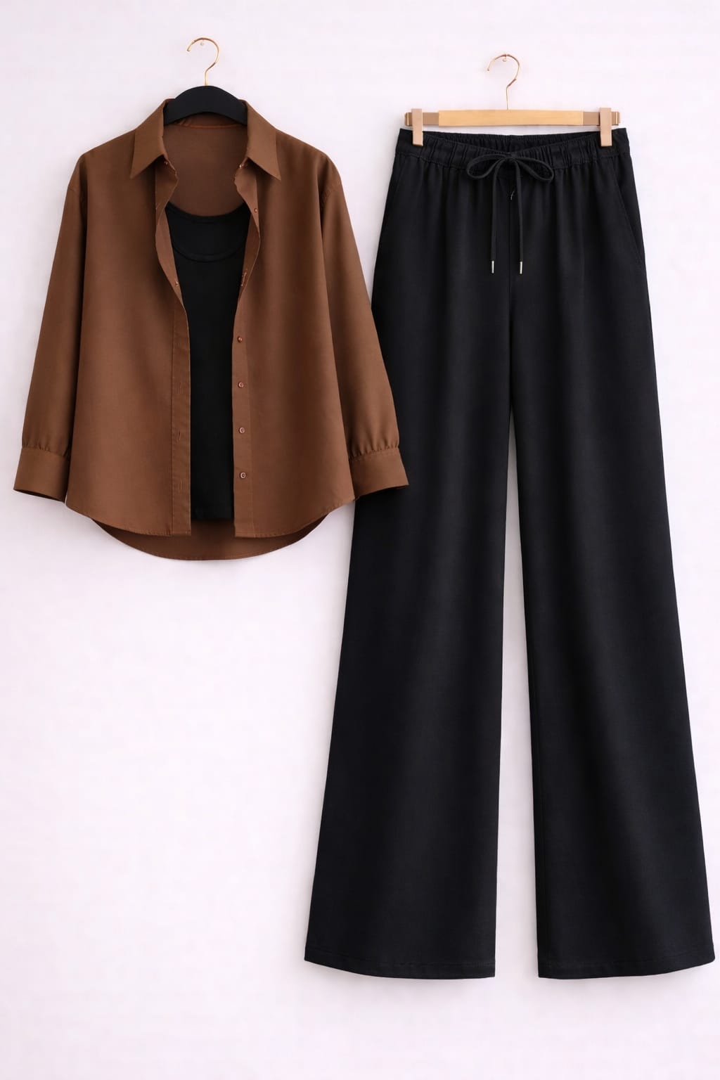Brown Button Down Shirt With Black Inner & Black Flapper Trouser
