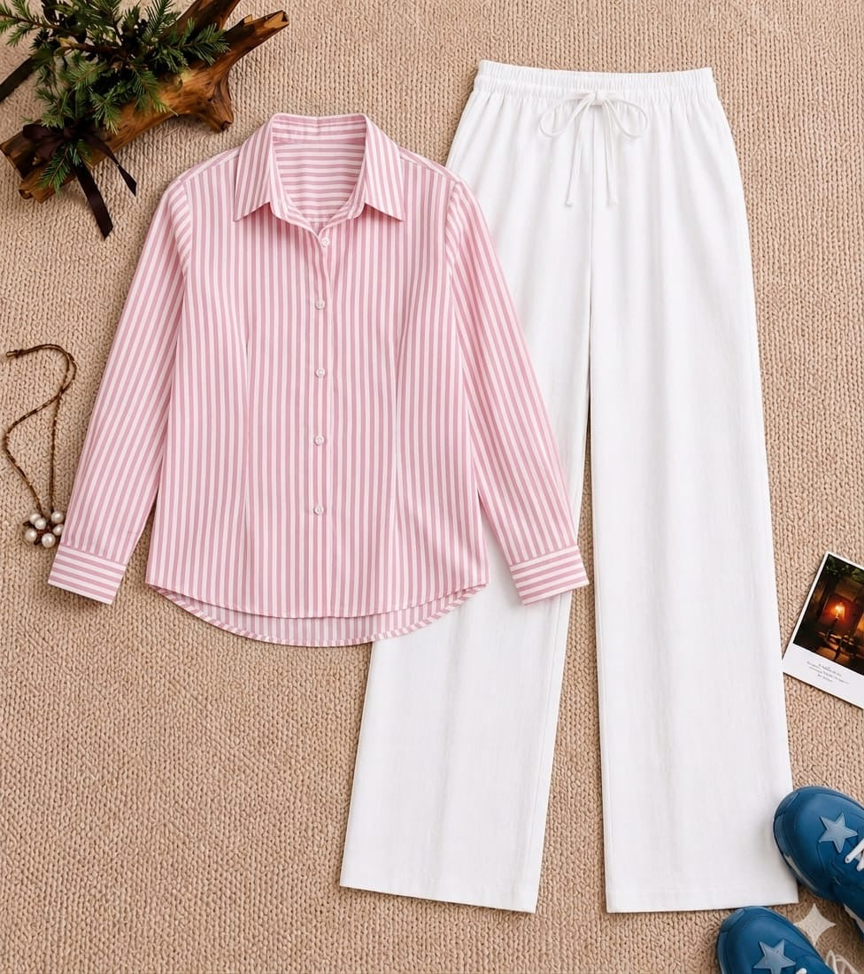 Baby Pink Lining Button Down Shirt & White Flapper Trouser