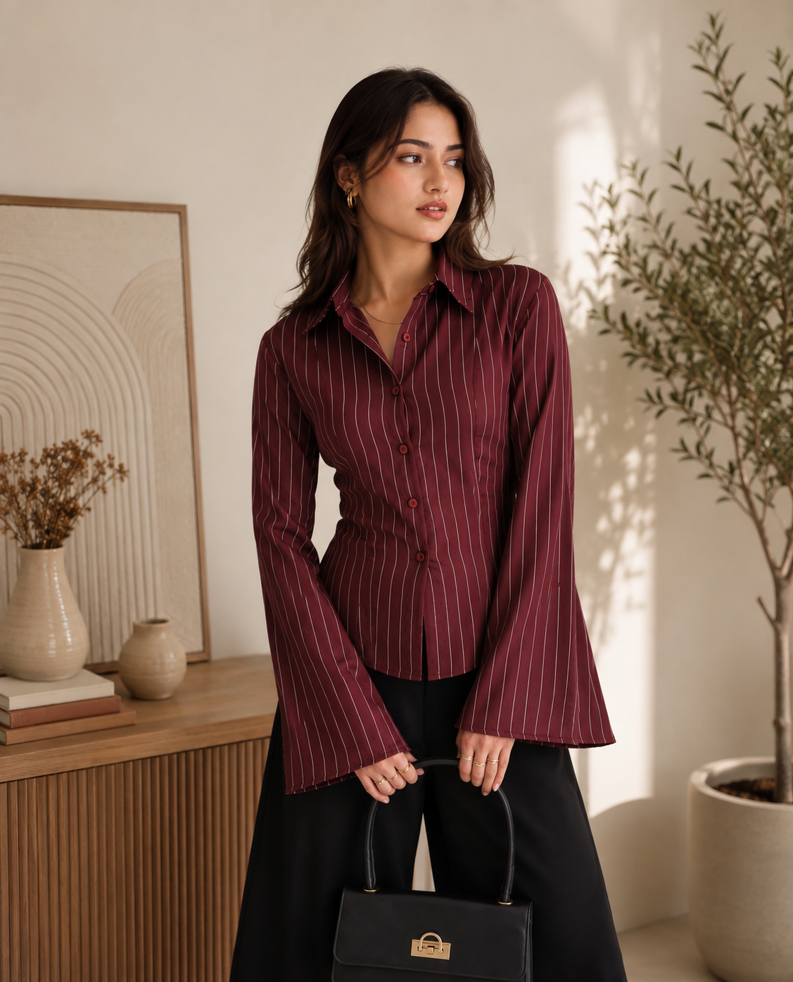 Wine Corset-Fitted Shirt With Flared Sleeves