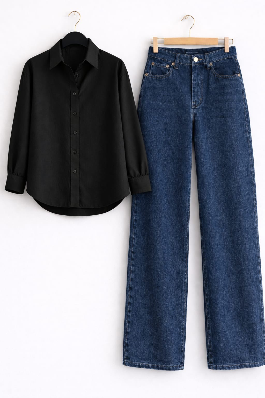 Black Button Down Shirt & Mid Blue Wide Leg Jeans