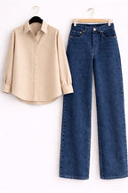 Beige Button Down Shirt & Mid Blue Wide Leg Jeans