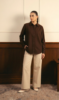 Brown Button Down Shirt With Beige Wide Leg Jeans