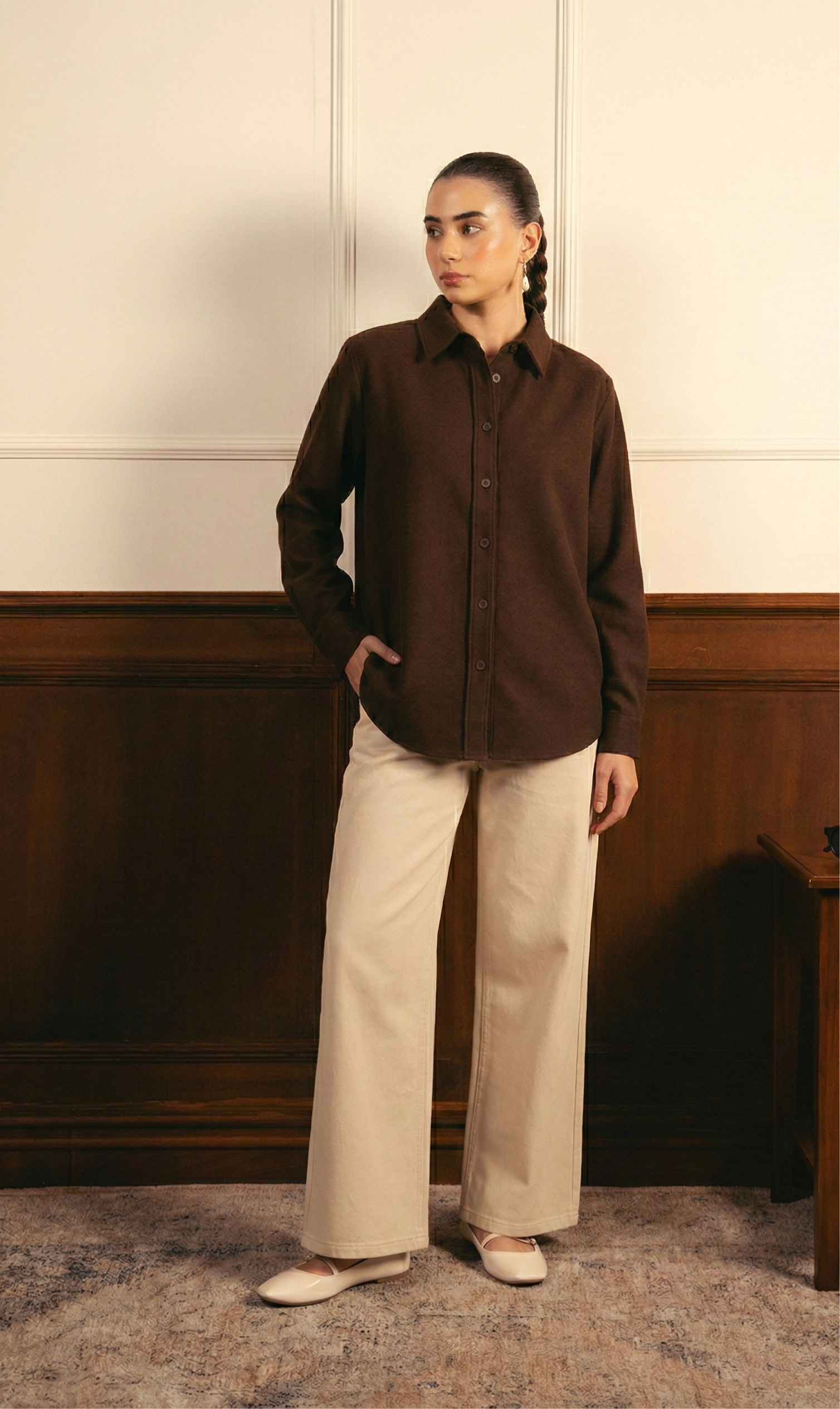 Brown Button Down Shirt With Beige Wide Leg Jeans