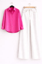 Hot Pink Button Down Shirt & White Wide Leg Jeans