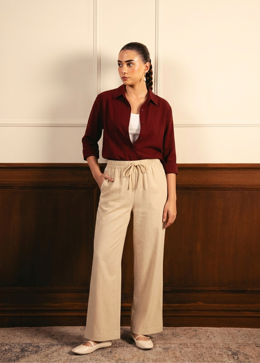 Maroon Button Down Shirt With White Inner & Beige Flapper Trouser