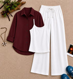 Maroon Button Down Shirt With White Inner & White Flapper Trouser