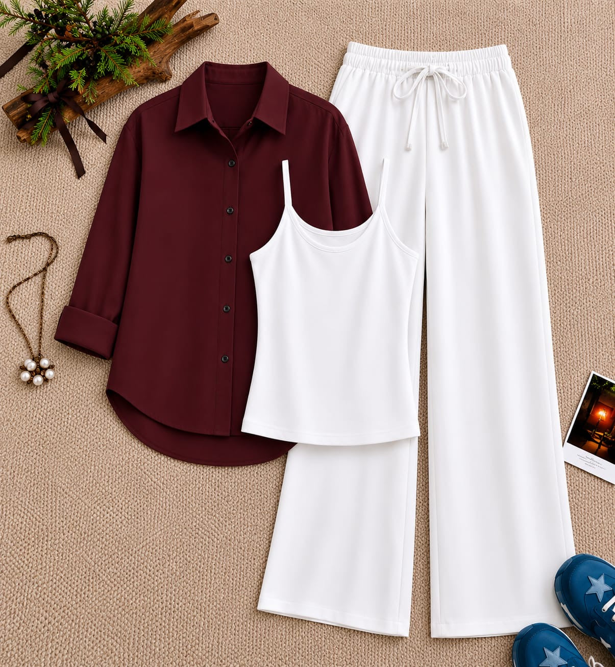 Maroon Button Down Shirt With White Inner & White Flapper Trouser