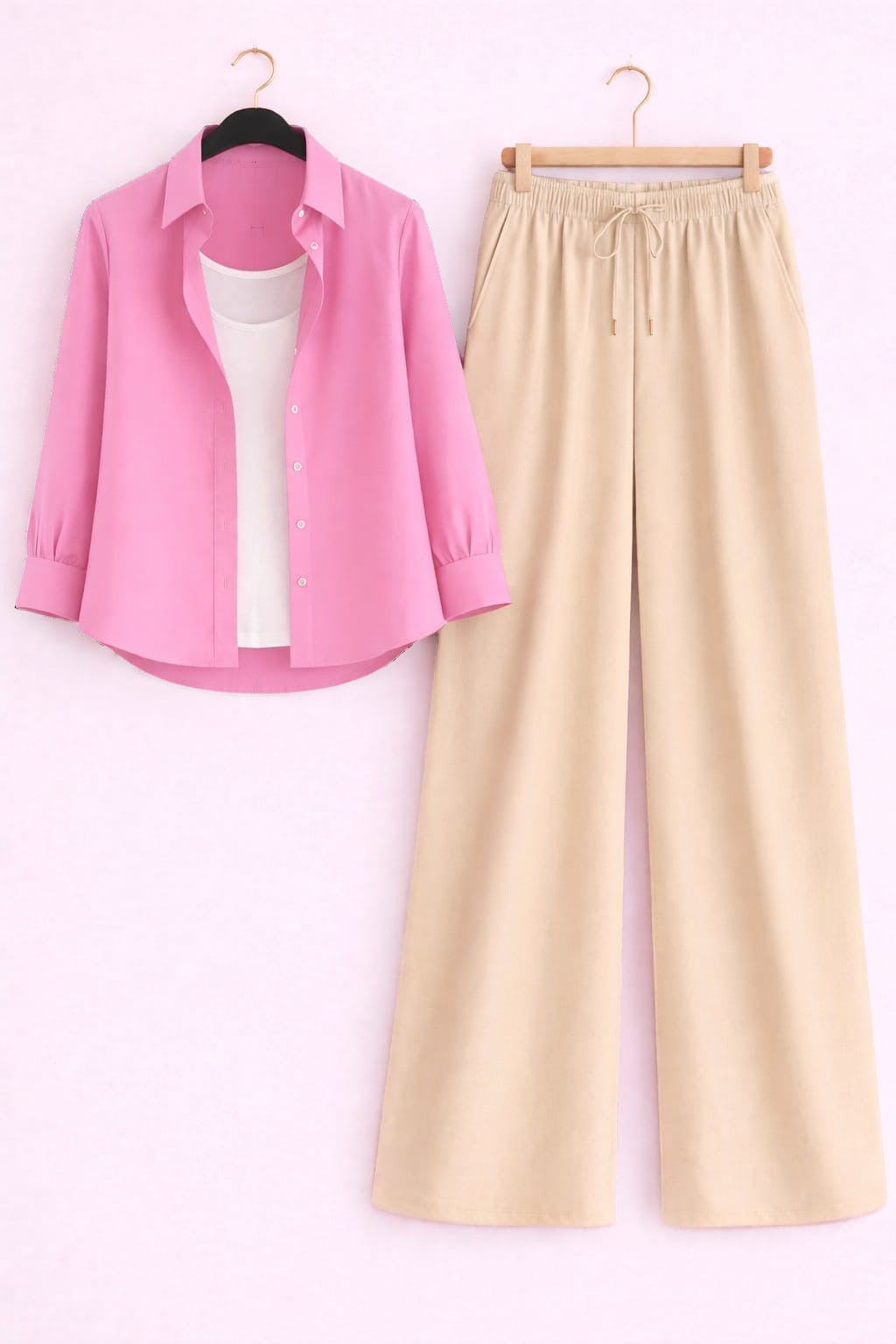 Baby Pink Button Down Shirt With White Inner & White Flapper Trouser