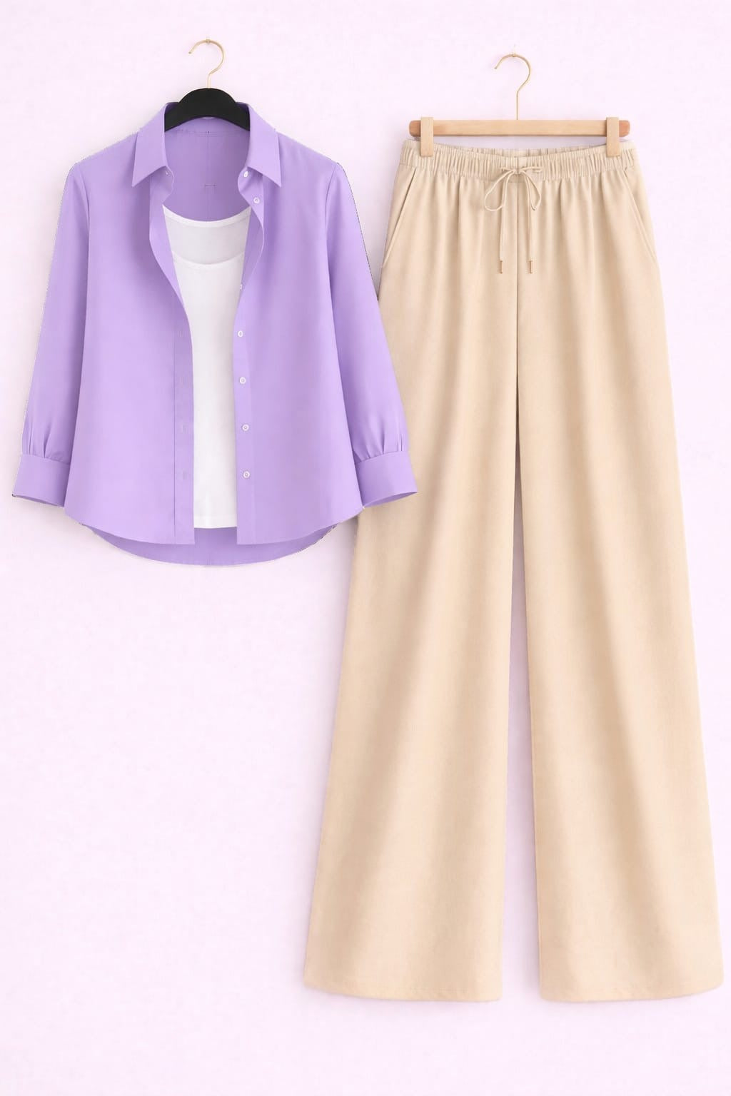 Lilac Button Down Shirt With White Inner & Beige Flapper Trouser