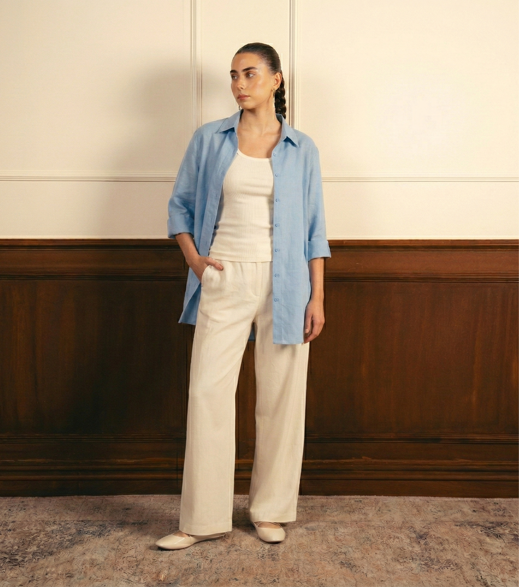 Sky Blue Button Down Shirt With White Inner & White Flapper Trouser