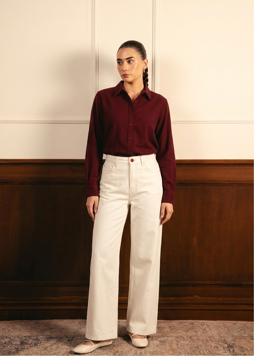 Maroon Button Down Shirt With White Wide Leg Jeans
