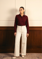 Maroon Button Down Shirt With White Wide Leg Jeans