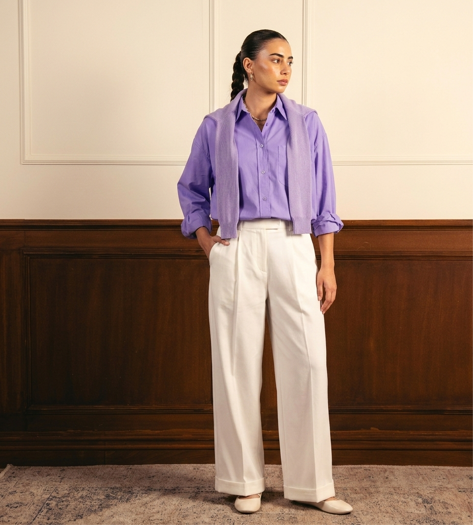 Lilac Button Down Shirt & White Wide Leg Jeans