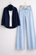 Navy Blue Button Down Shirt with Inner & Ice-Blue Wide Legs Jeans