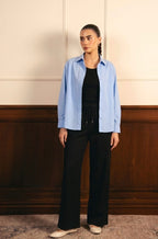 Sky Blue Button Down Shirt With Black Inner & Black Flapper Trouser