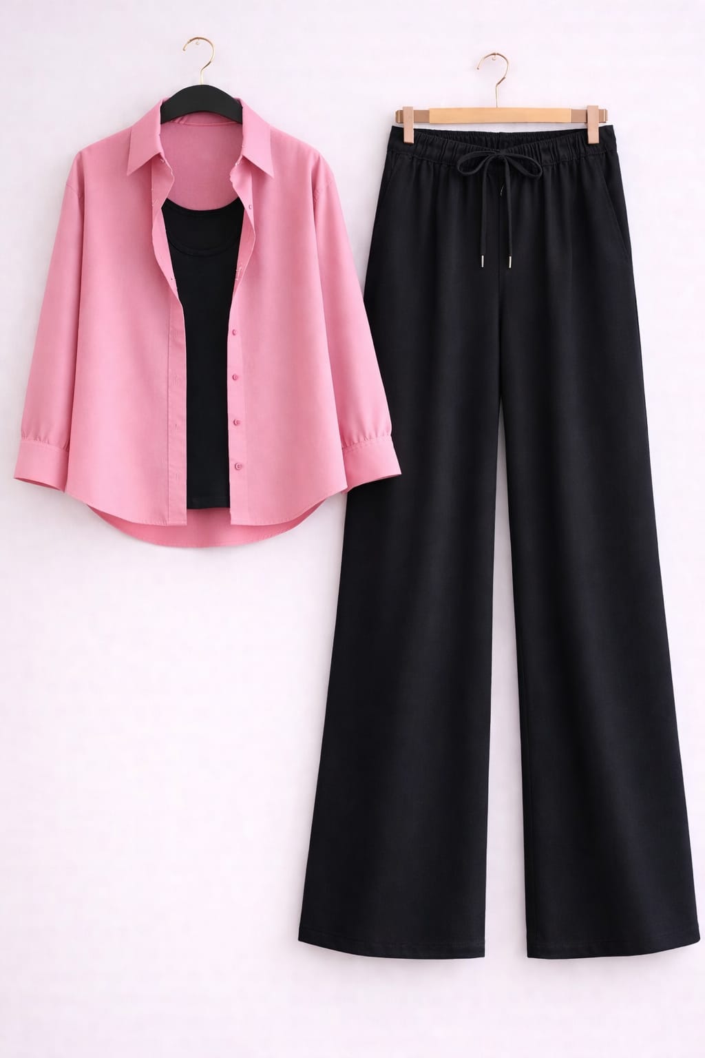 Baby Pink Button Down Shirt With Black Inner & Black Flapper Trouser