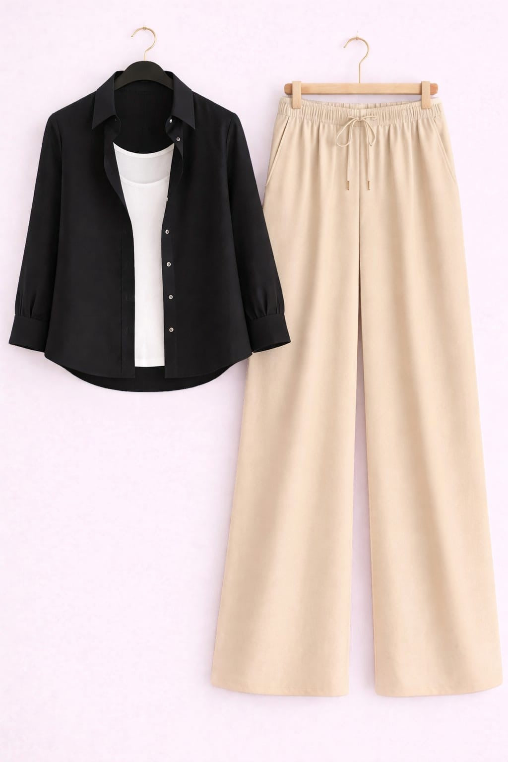 Black Button Down Shirt With White Inner & Beige Flapper Trouser