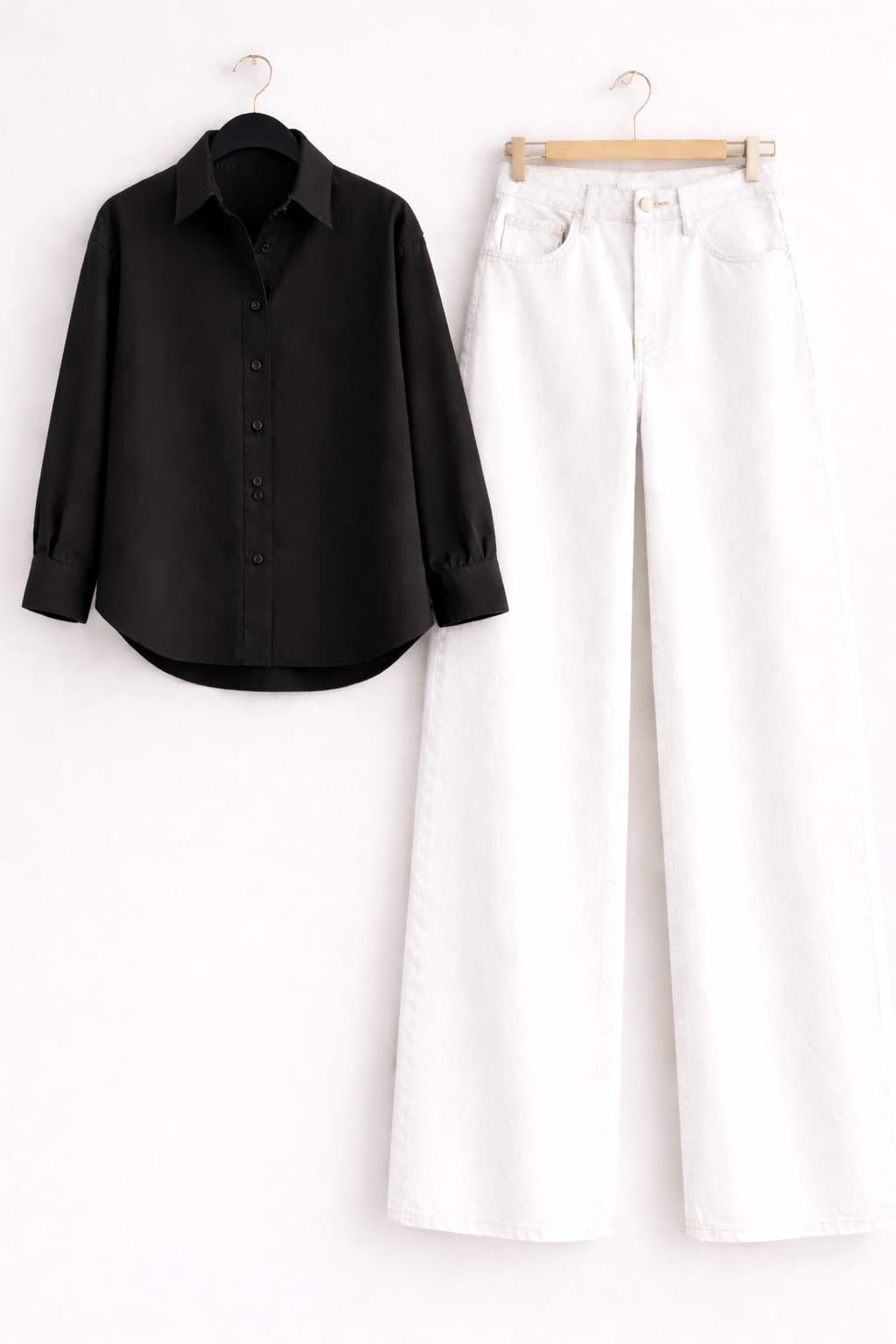 Black Button Down Shirt & White Wide Leg Jeans