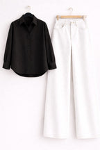 Black Button Down Shirt & White Wide Leg Jeans