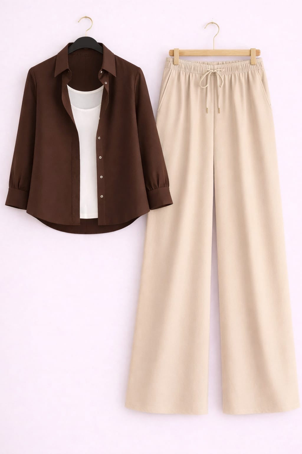 Brown Button Down Shirt With White Inner & Beige Flapper Trouser