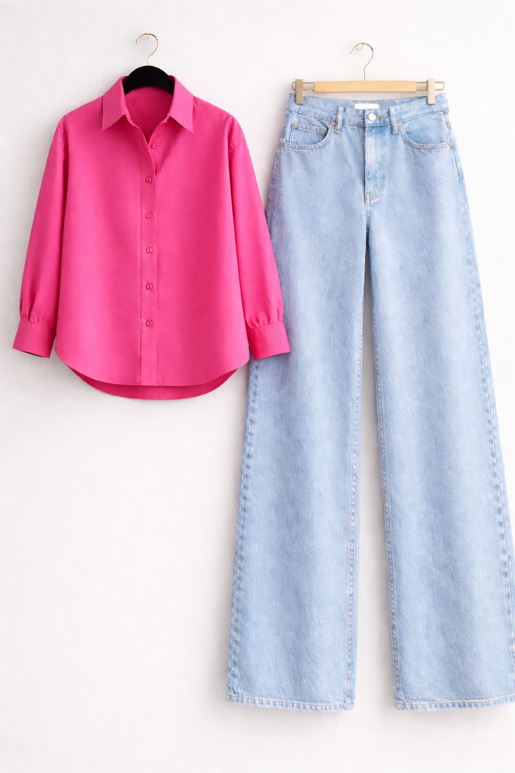 Hot Pink Button Down Shirt & Ice-Blue Wide Leg Jeans
