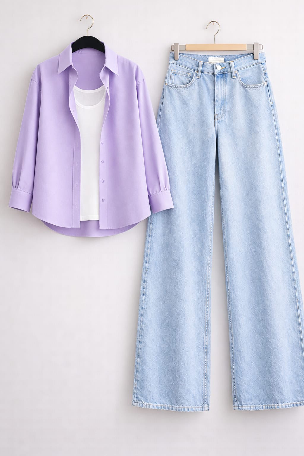 Lilac Button Down Shirt with Inner & Ice-Blue Wide Legs Jeans