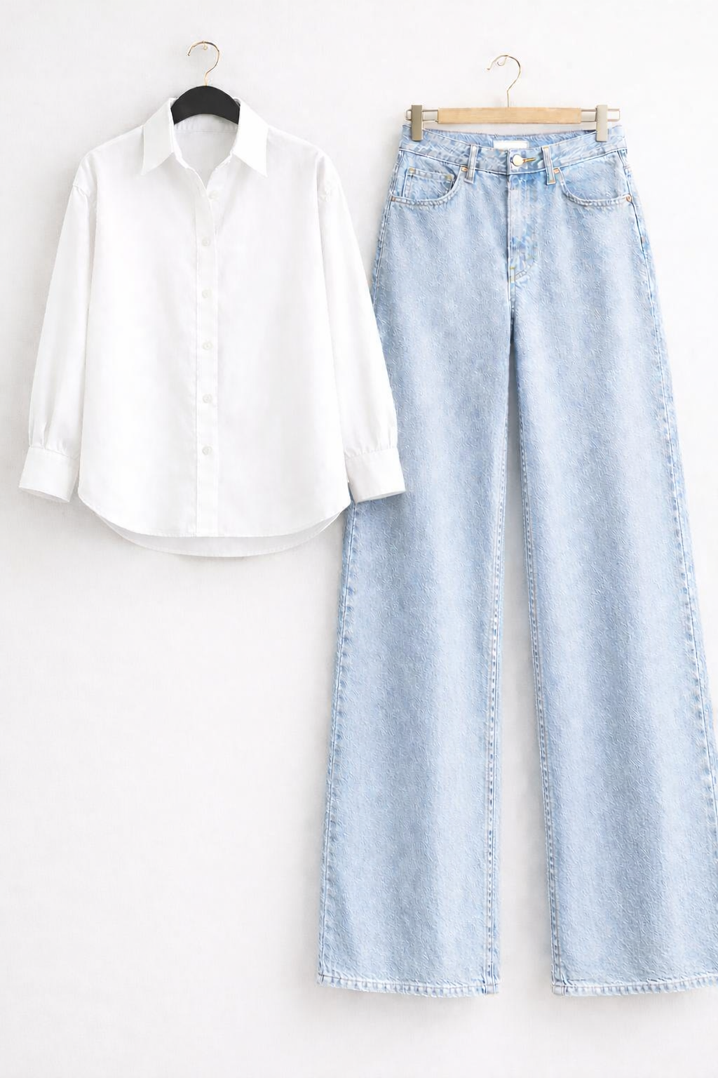 White Button Down Shirt & Ice-Blue Wide Leg Jeans