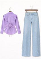 Lilac Fitted Button Down & IceBlue Wide Leg Jeans