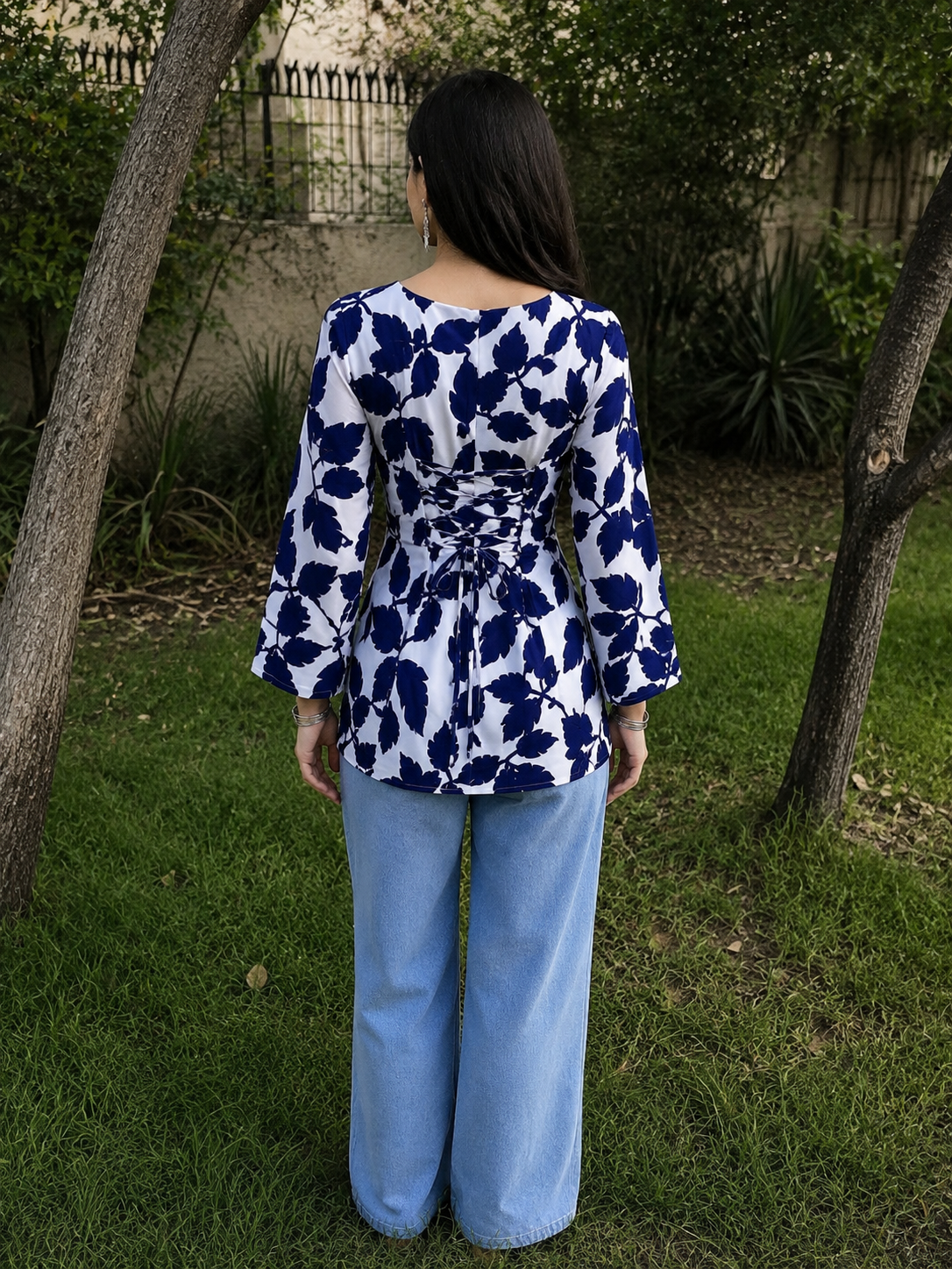 Blue Leaf Print Short Kurti With Flared Sleeves