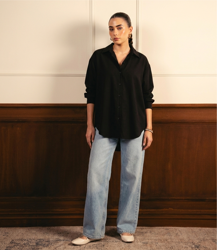 Black Button Down Shirt & Ice-Blue Wide Leg Jeans