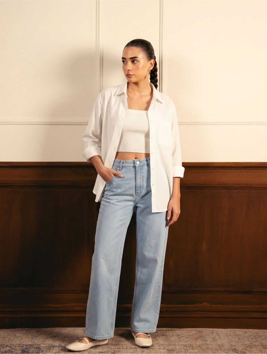 White Button Down Shirt With White Inner & Ice-Blue Wide Leg Jeans