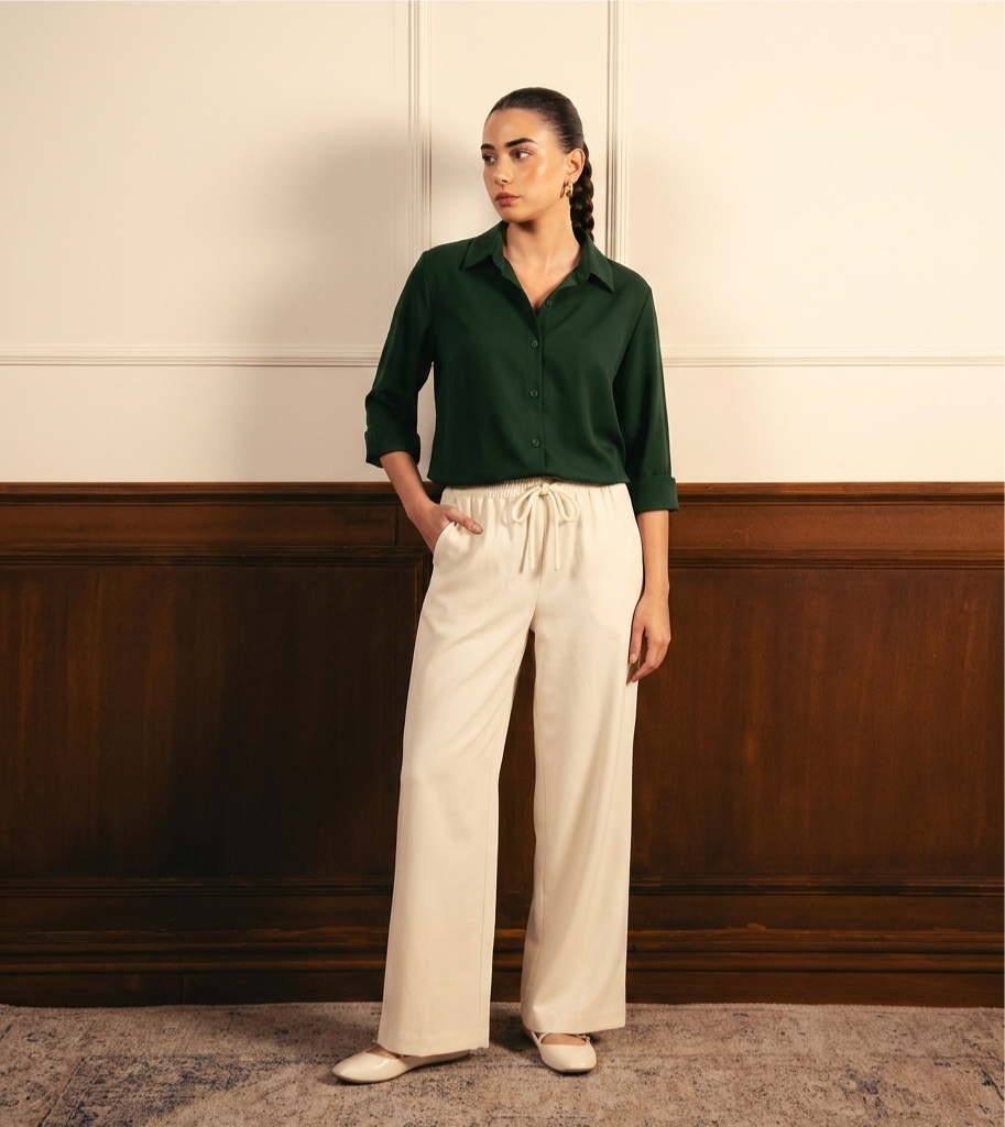 Bottle Green Button Down Shirt With Beige Flapper Trouser