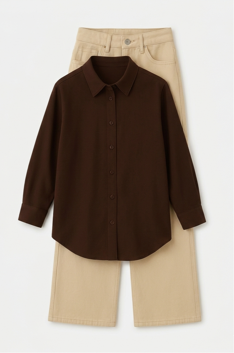 Brown Button Down Shirt With Beige Wide Leg Jeans