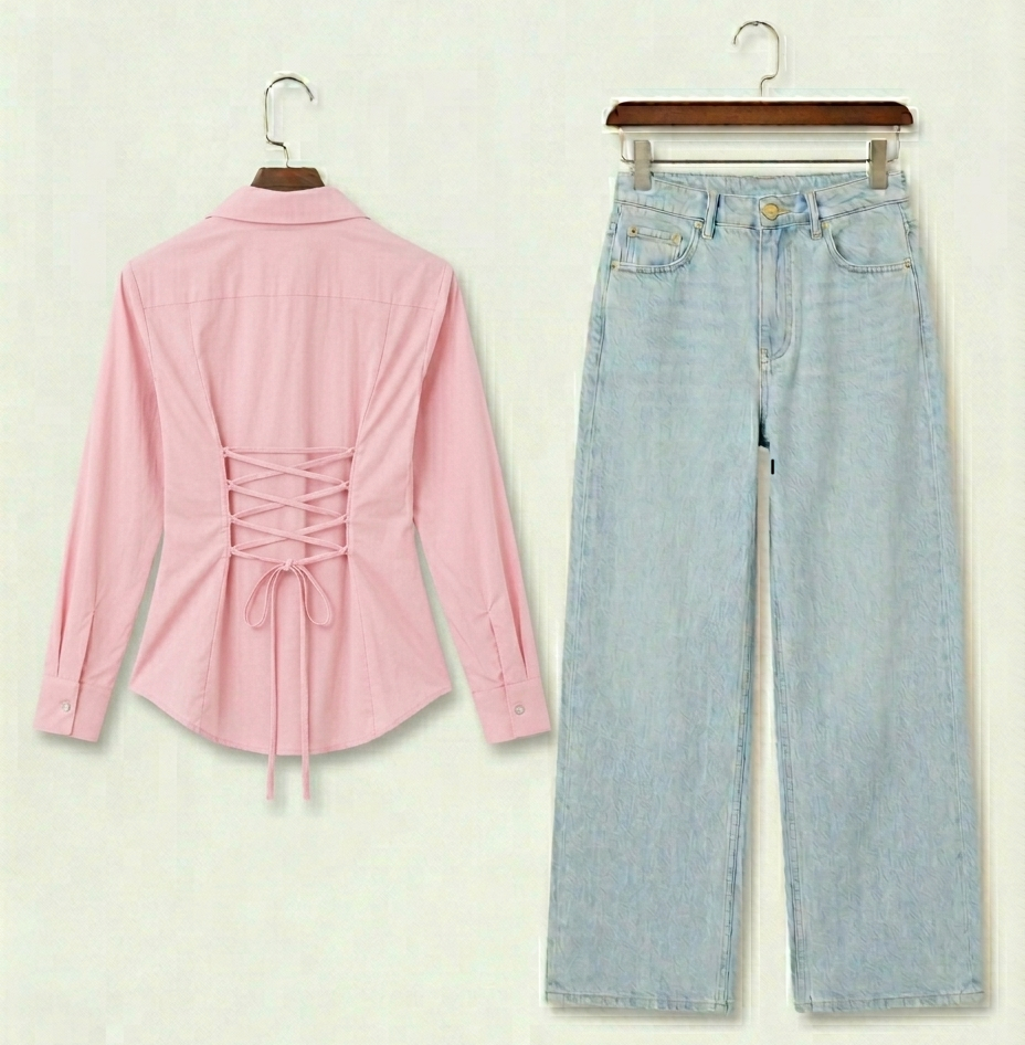 Baby Pink Fitted Button Down & IceBlue Wide Leg Jeans