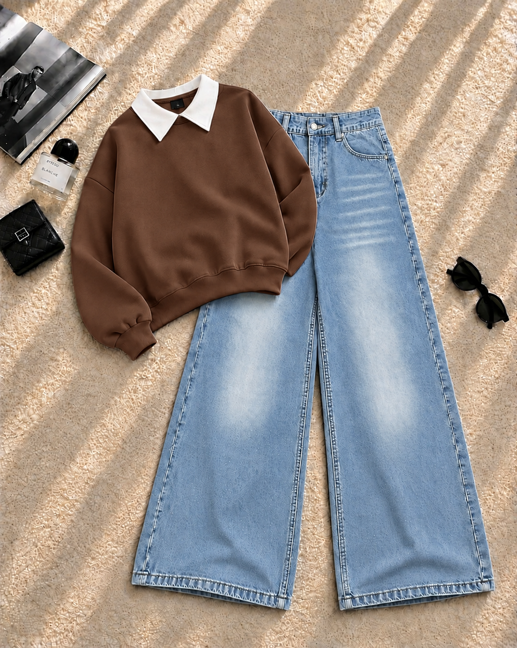 Collar Sweatshirt with Ice Blue Shaded Wide-Leg Jeans