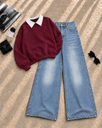 Collar Sweatshirt with Ice Blue Shaded Wide-Leg Jeans