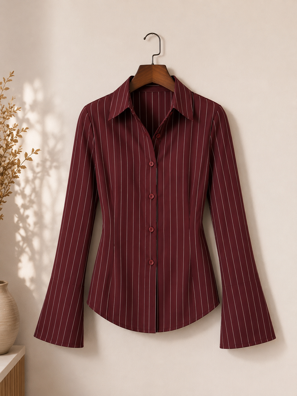Wine Corset-Fitted Shirt With Flared Sleeves