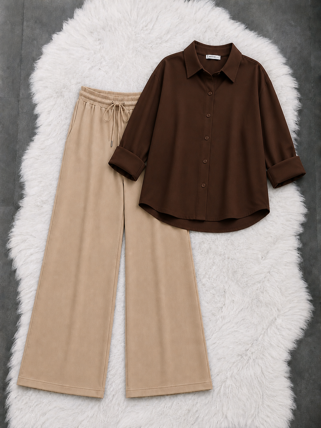 Brown Button Down Shirt With Beige Flapper Trouser