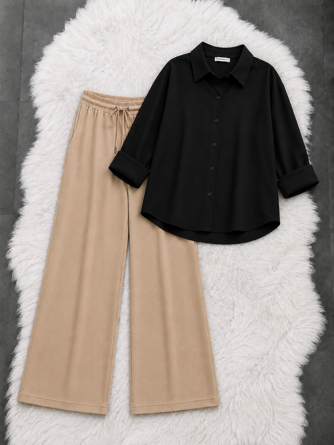 Black Button Down Shirt With Beige Flapper Trouser
