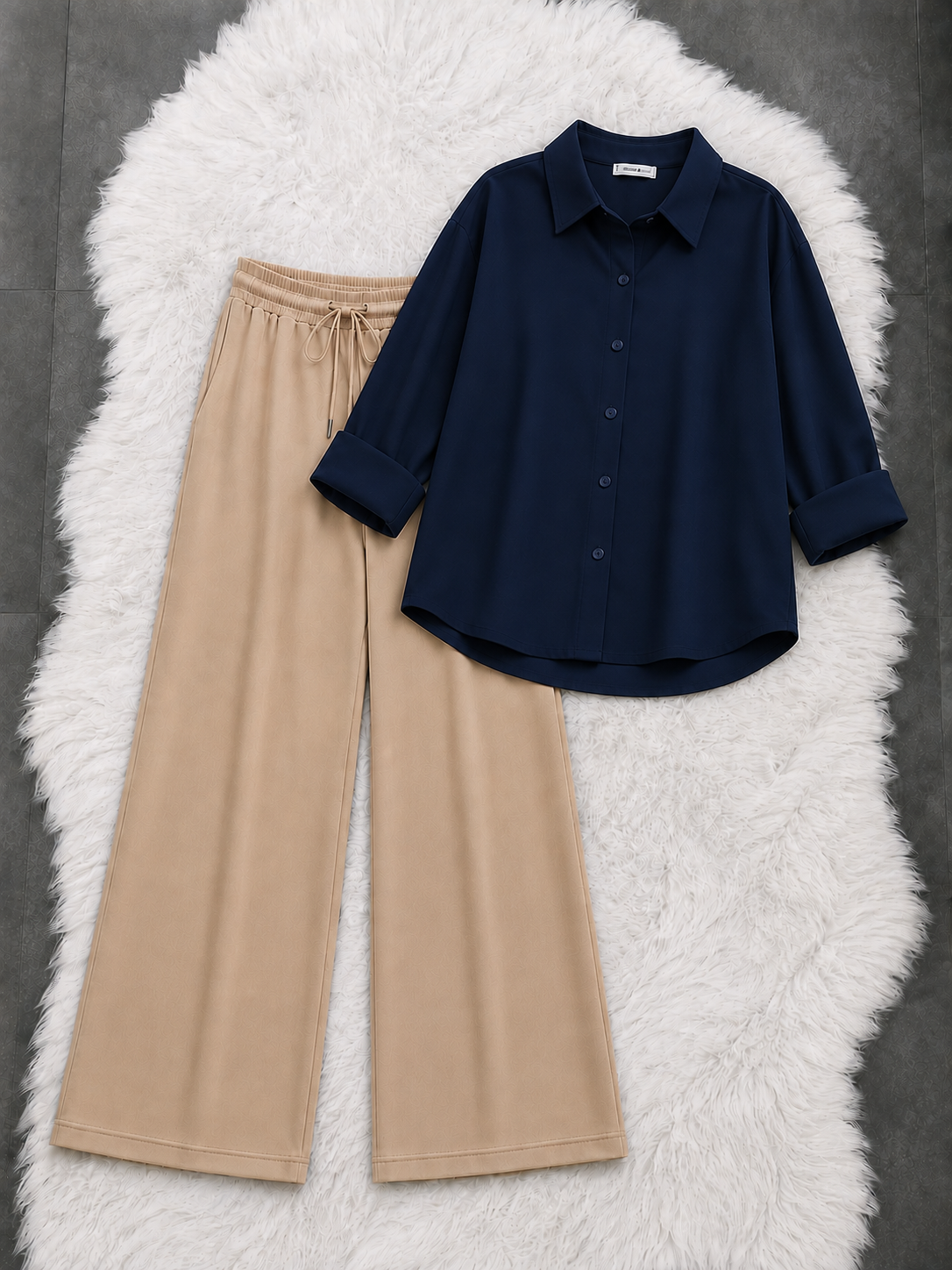 Navy Blue Button Down Shirt With Beige Flapper Trouser